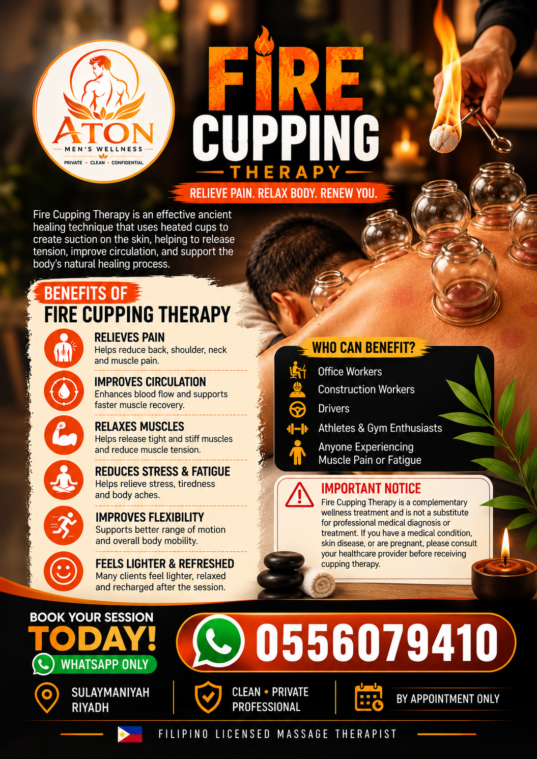 ATON Men's Wellness fire cupping therapy poster